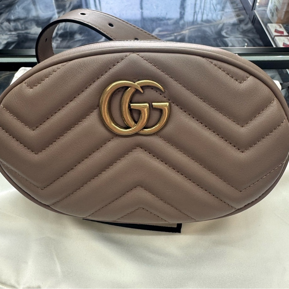 ✨NEW✨ Gucci GG Marmont Belt Bag Matelasse Leather Gold Handbag Chevron Rose Bag